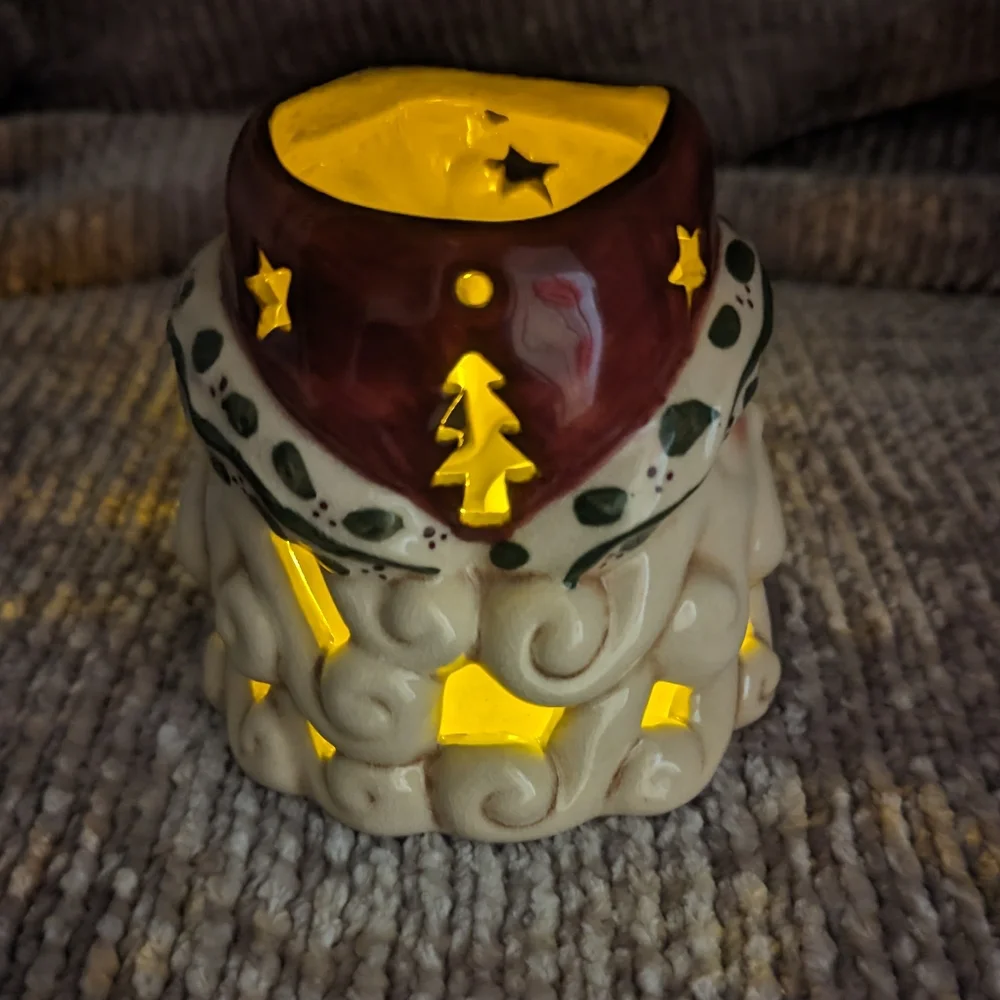 VTG Ceramic Santa Head Tea Light Votive Candle Holder W/Stars‎ And Tree Cut-Outs